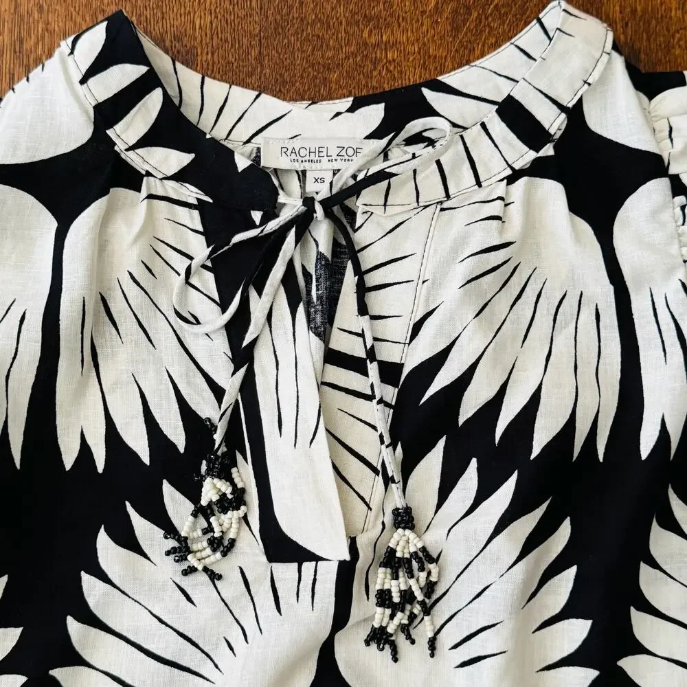 Rachel Zoe Black White Linen Blend Puff Sleeve Boho Blouse Top Womens Sz XS NWOT